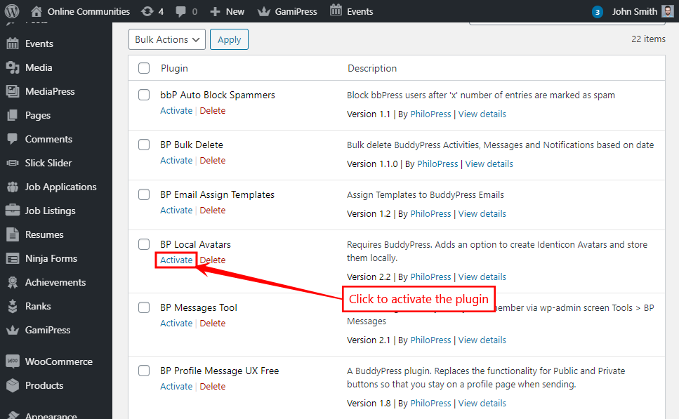 BP Local Avatars - Activating the plugin