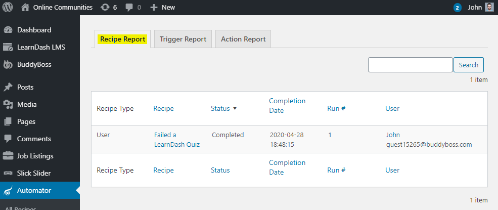 Uncanny Automator – Recipe Log