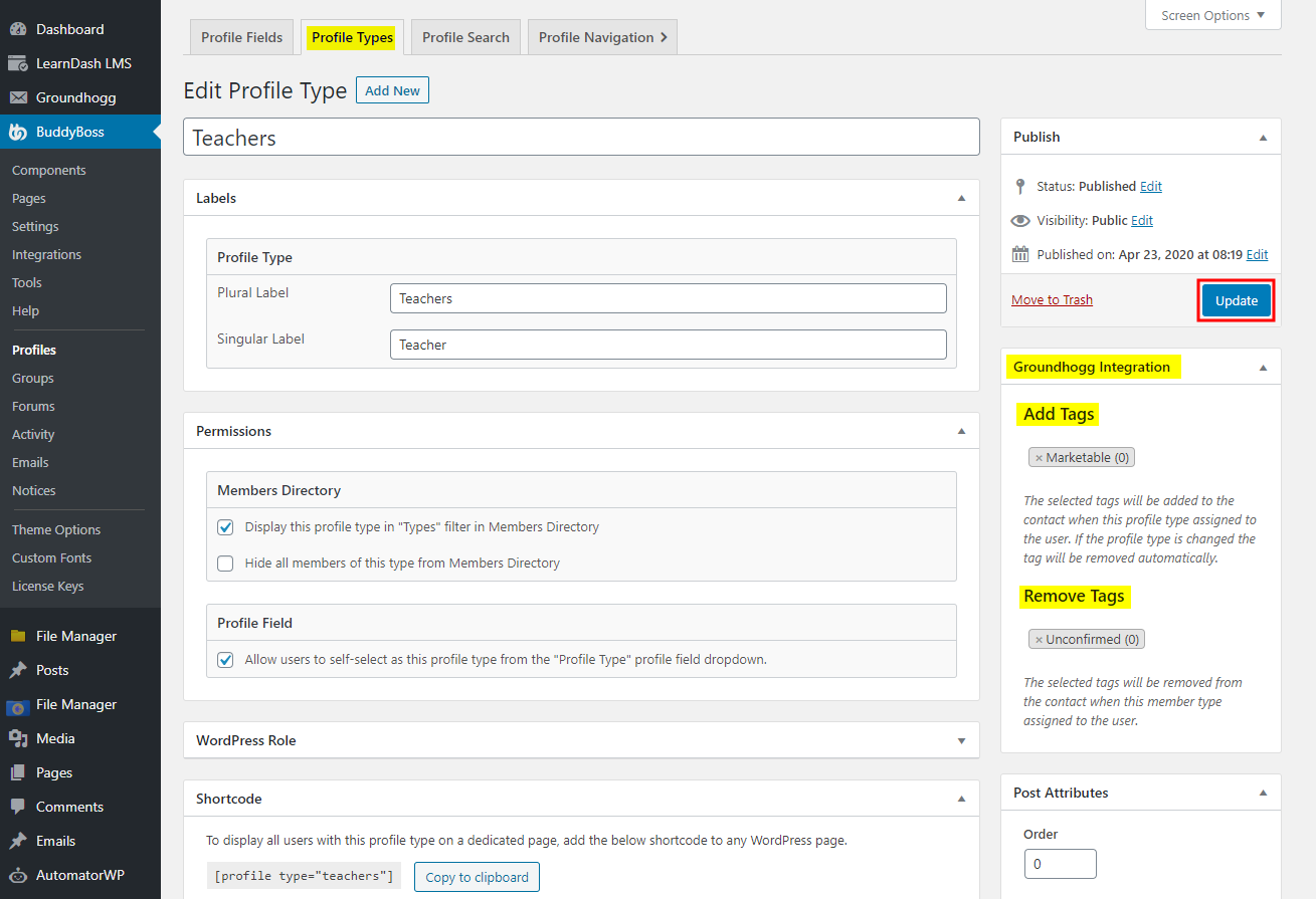 Groundhogg - BuddyBoss Integration - Adding tags based on BuddyBoss Profile Types