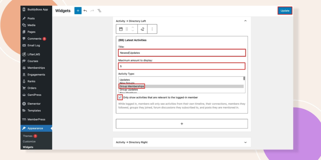 This screenshot shows how the latest activities widget can be configured..