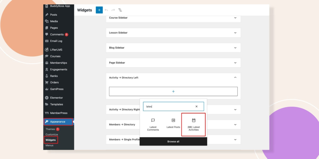 This screenshot shows how the latest activities widget can be added.