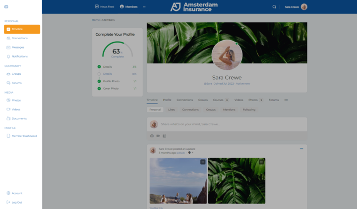 Example of Buddy Panel navigation on the left side of a BuddyBoss site.
