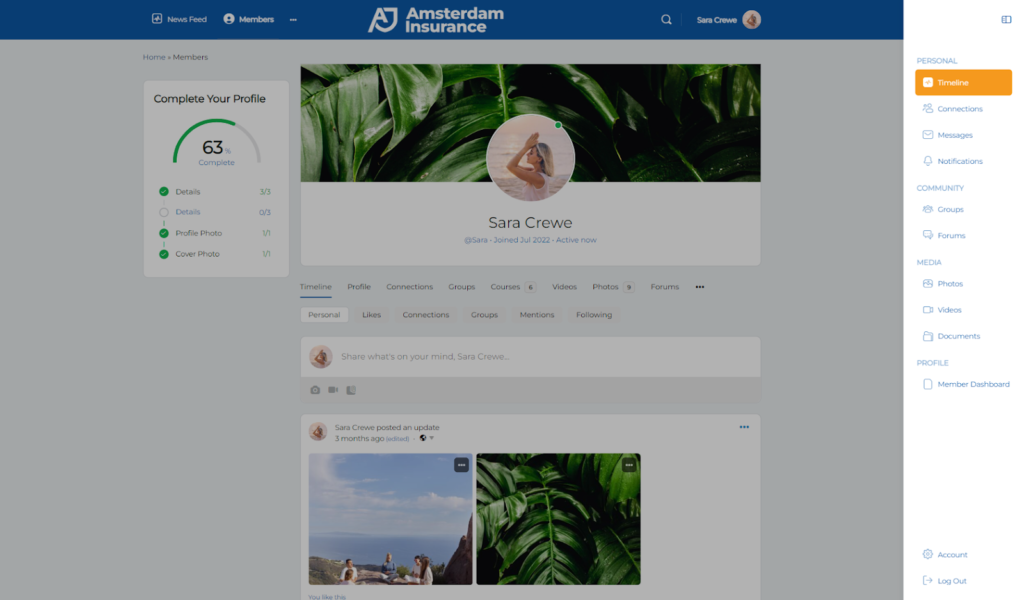 Example of Buddy Panel navigation on the right side of a BuddyBoss site.