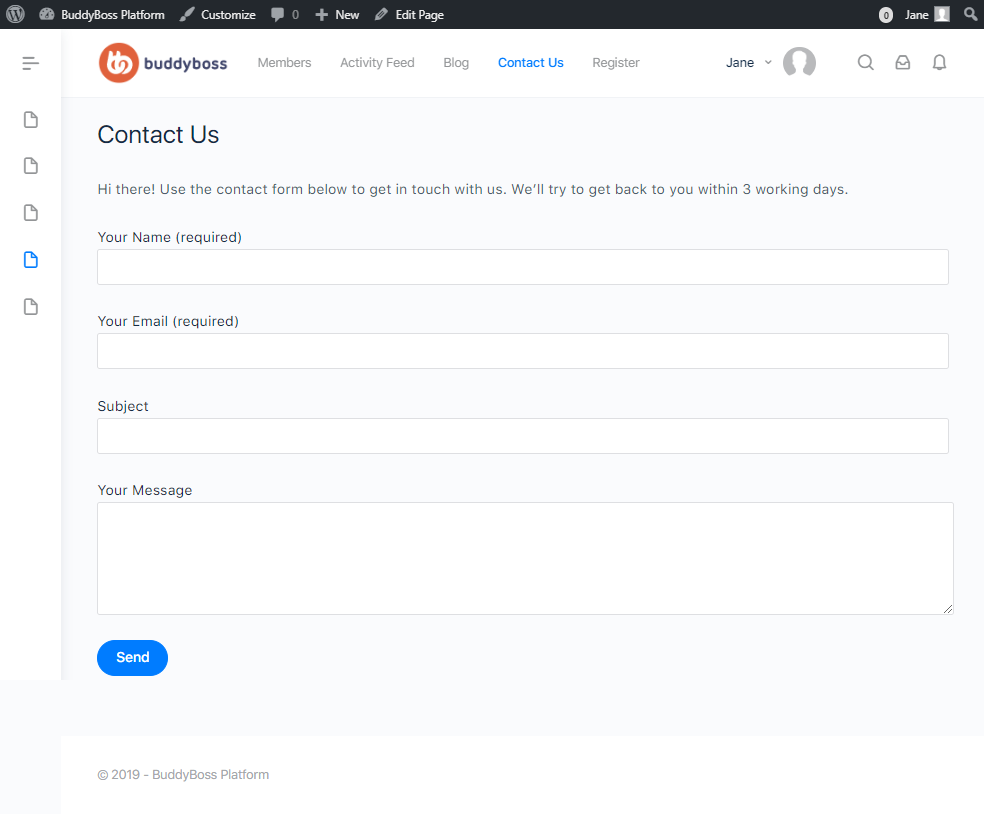 A Contact Us webpage with fields for name, email, subject, and message. A blue Send button is at the bottom. The BuddyBoss logo and navigation bar are at the top.