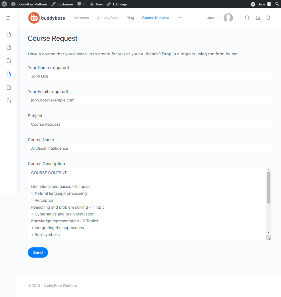 A course request form on the BuddyBoss Platform is filled out with fields for name, email, subject, course name, and description. The example details Artificial Intelligence and a bulleted list of topics; the Send button is visible.