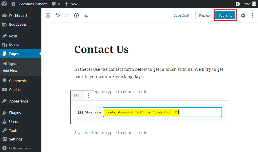 A WordPress Contact Us page is open in edit mode, showing a contact form shortcode. The Publish button in the top right corner is highlighted with a red box.