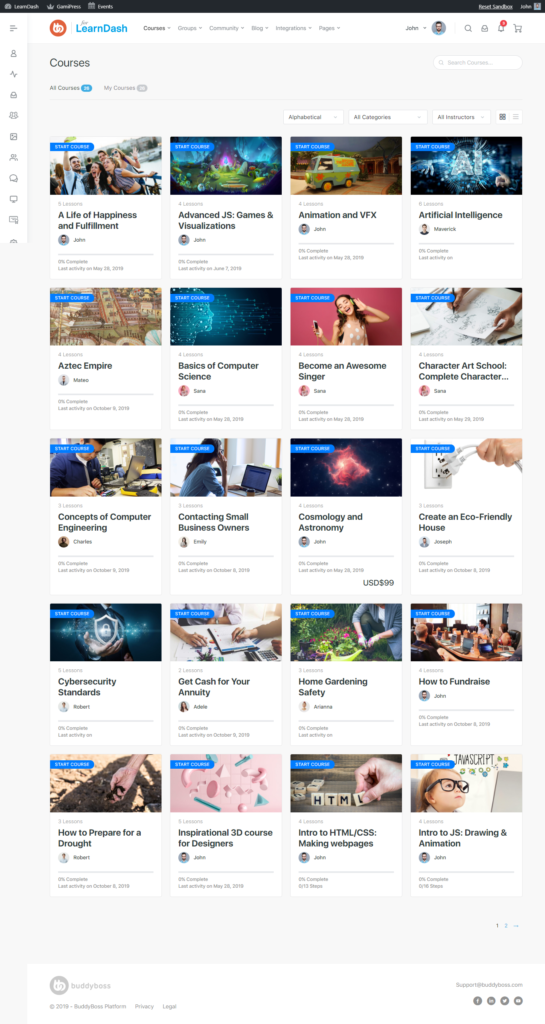 A grid of online course cards on a learning platform, displaying various topics such as AI, animation, cybersecurity, gardening, HTML, and business, each with a title, image, price, and an Enroll button.