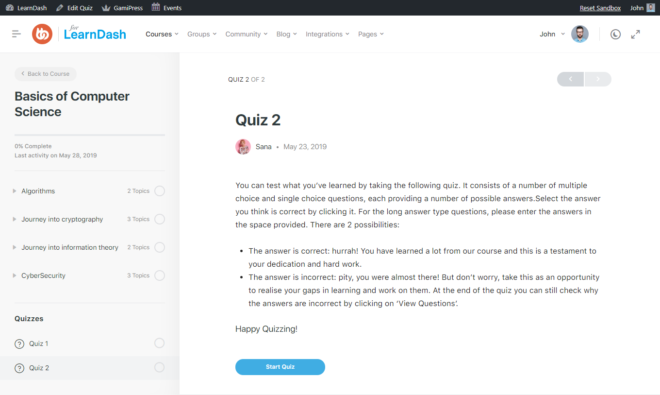 A computer screen displays a LearnDash course page titled Quiz 2 for a Basics of Computer Science course, including quiz instructions, a start button, and a sidebar with course progress and navigation items.