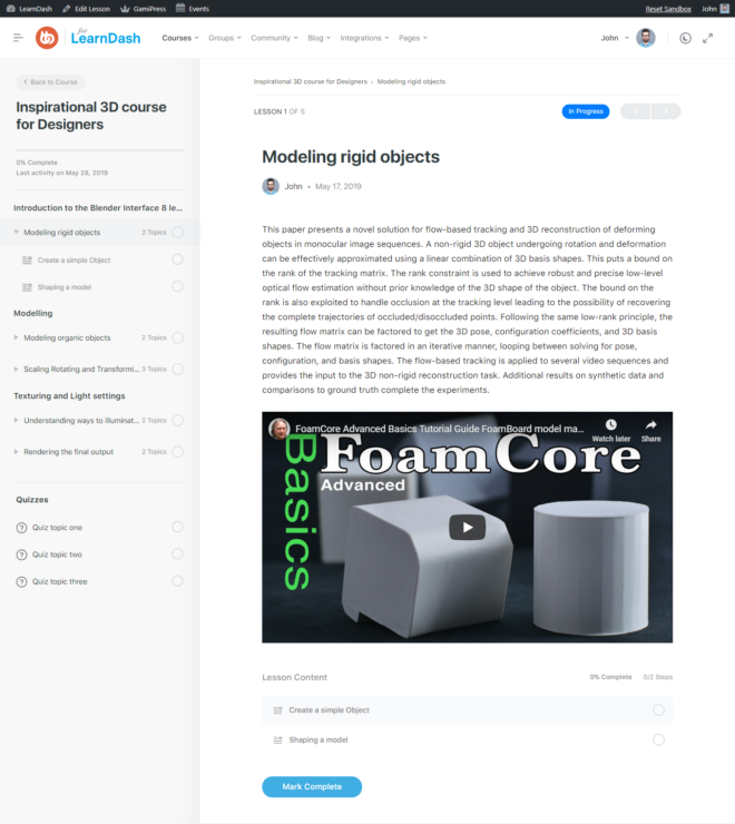 A course page on LearnDash titled “Modeling rigid objects” shows a lesson description, a YouTube video about foam core modeling, lesson content, and a blue “Mark Complete” button near the bottom.