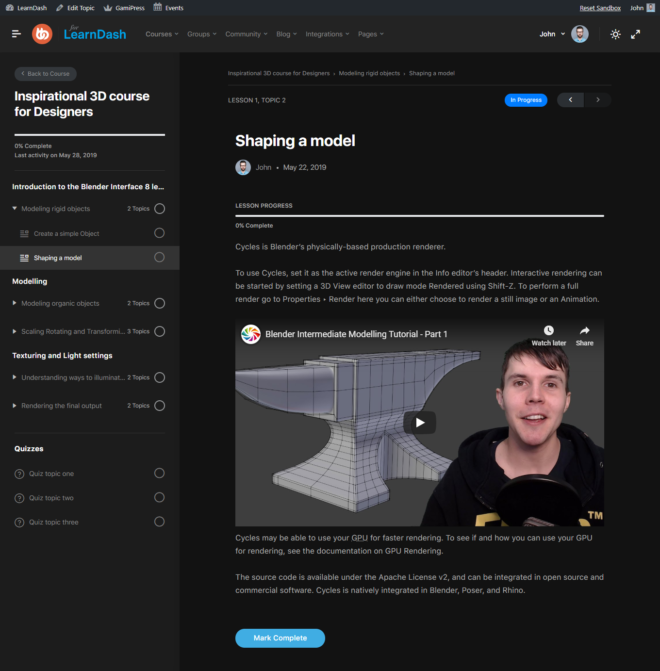 A screenshot of an online course page titled “Shaping a model” with a video tutorial on Blender modelling, a sidebar menu of lessons and quizzes, and a profile icon in the top right corner. The main content explains Cycles renderer.