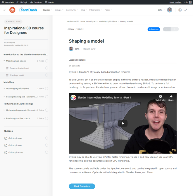 A LearnDash course page titled Shaping a model shows a lesson on using Blender’s Cycles renderer. The page features a tutorial video, progress tracker, lesson outline, and a sidebar with course navigation links.