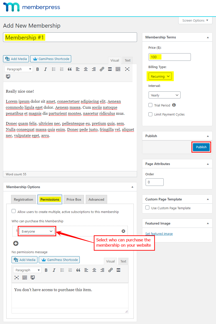 Screenshot of the MemberPress “Add New Membership” page. The “Billing Type” is set to “Recurring,” “Permissions” are set to “Everyone,” and the “Publish” button is highlighted.