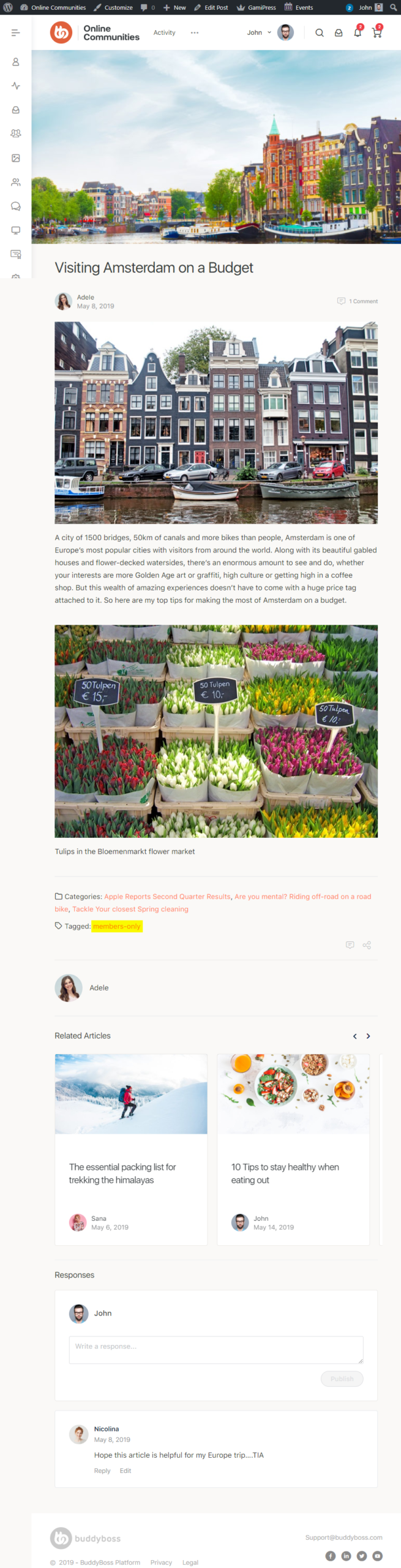Screenshot of a travel blog article titled “Visiting Amsterdam on a Budget” featuring photos of Amsterdam canal houses and a colorful flower market, with related articles and user comments below.