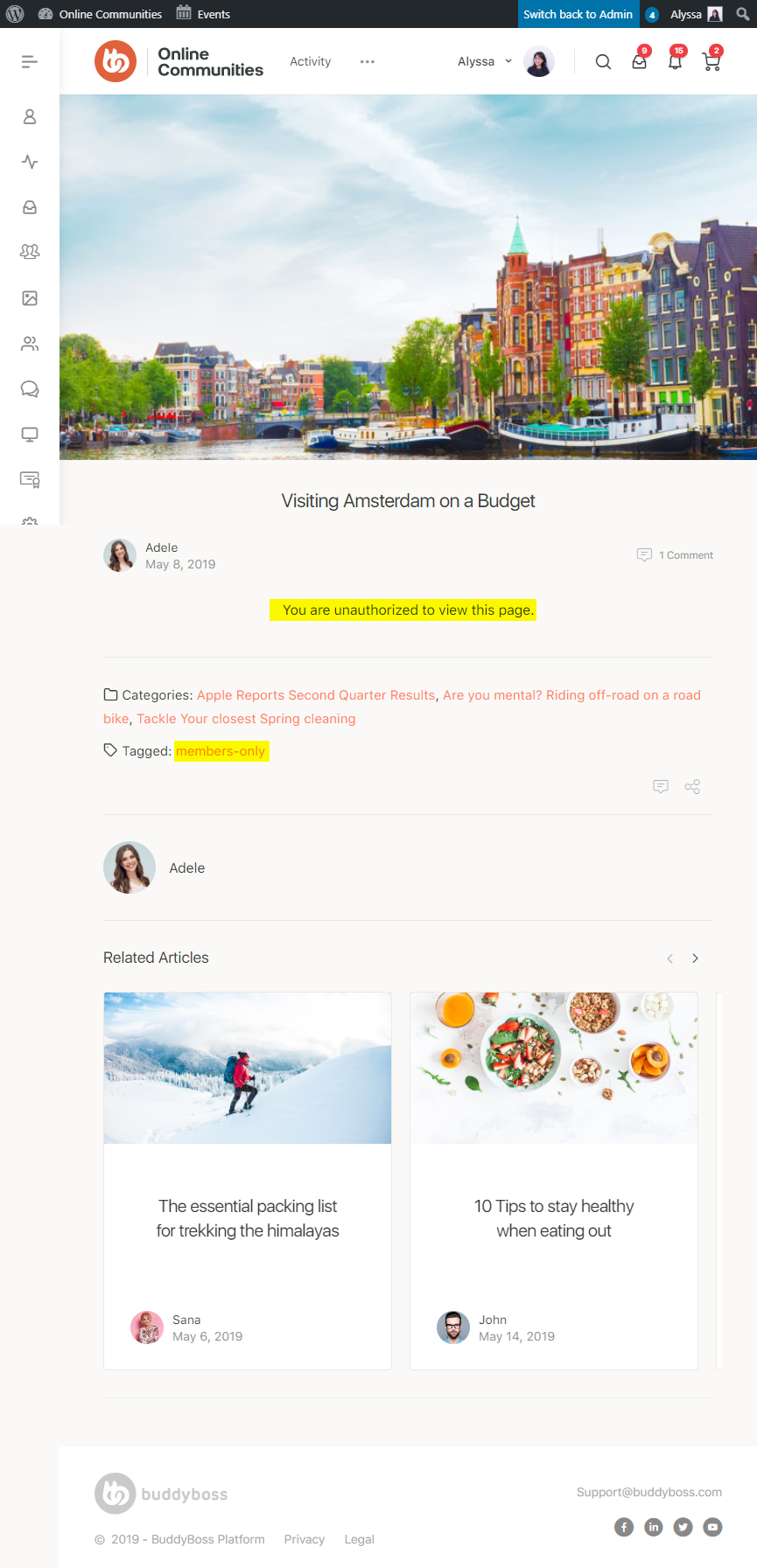 A webpage features an article titled Visiting Amsterdam on a Budget, with a cityscape of Amsterdams canals and colorful houses, user comments, related articles, and navigation menus displayed.