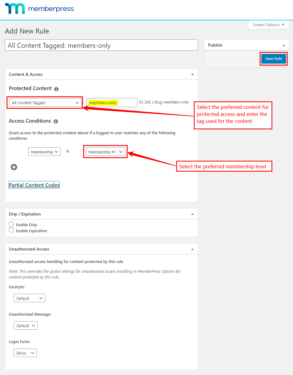 Screenshot of the MemberPress “Add New Rule” page showing settings for restricting access to content by membership level, with red boxes highlighting “members-only” tag and “Membership #1” selection, and Save Rule button.