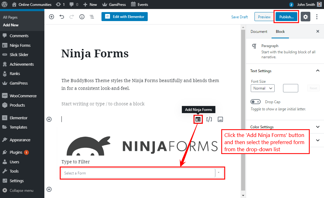 A WordPress editor page showing instructions to add a Ninja Form. A red arrow points to the ‘Add Ninja Forms’ button, and a red box highlights a dropdown menu to select a form.