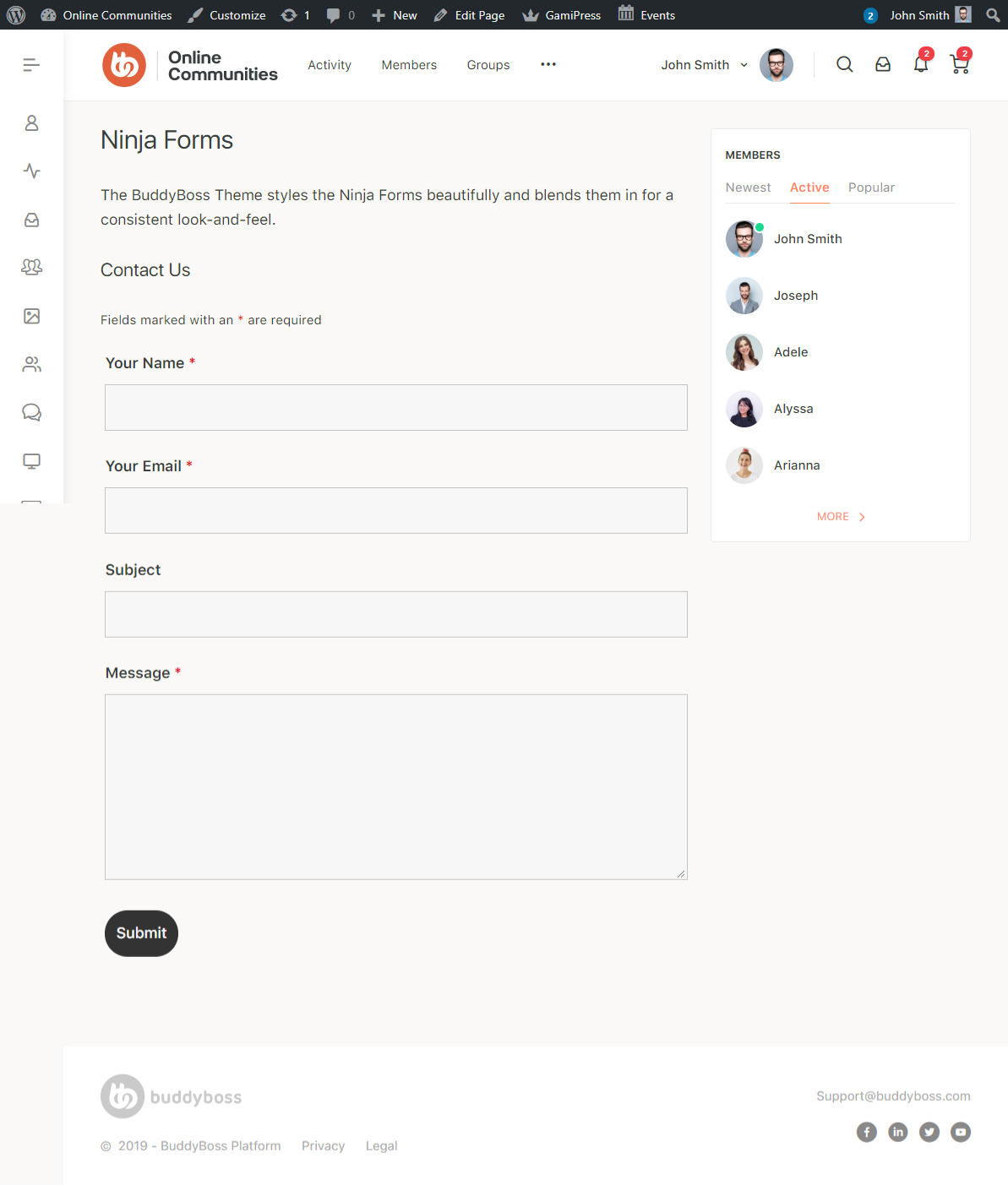 A Contact Us form with fields for name, email, subject, and message on an Online Communities site. A sidebar lists members with profile images. The page header and footer display site navigation and branding.