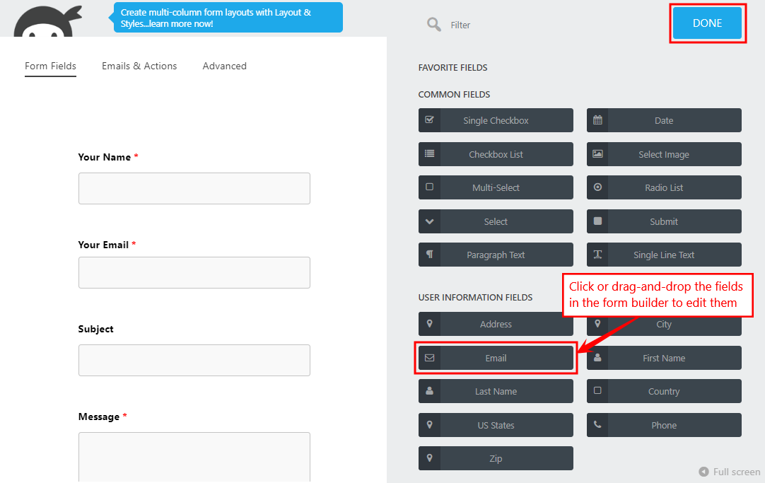 A form builder interface with a sample contact form on the left and form field options on the right. Done is highlighted at the top. The Email field is outlined, with an instruction to edit fields.