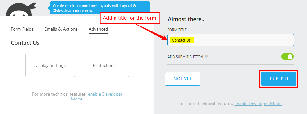 Screenshot of a form builder interface with instructions to Add a title for the form. The Form Title field is highlighted with Contact Us entered, and the Publish button is outlined in red.