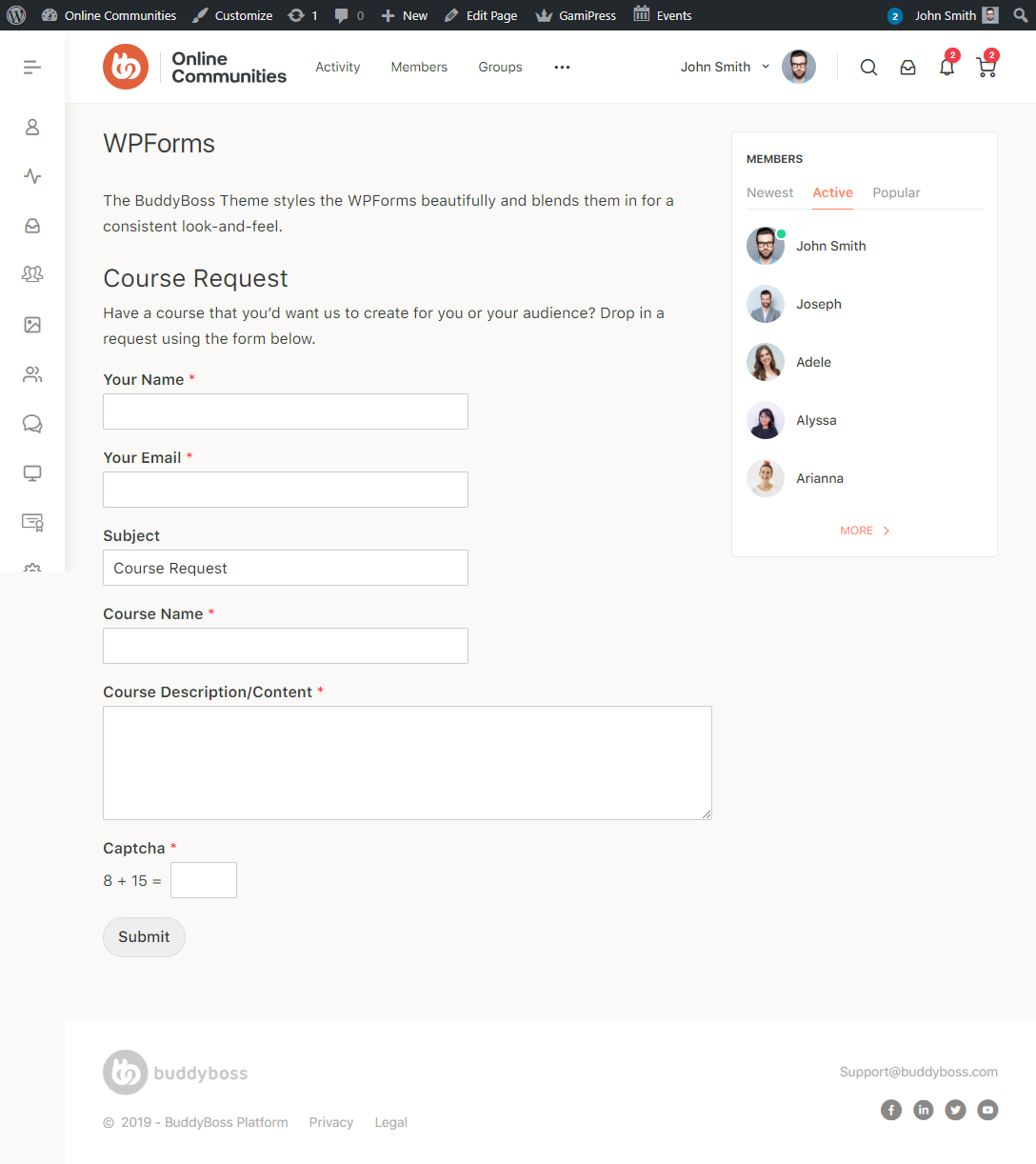 A website form titled Course Request asks for name, email, subject, course name, and description. The right sidebar lists five members with profile icons. The header and footer show navigation and branding.