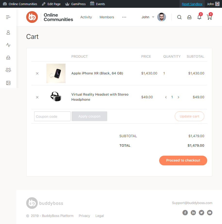 Screenshot of an online shopping cart showing an Apple iPhone XR (Black, 64 GB) and a Virtual Reality Headset with Stereo Headphone, quantities, prices, and checkout options on a clean, white interface.