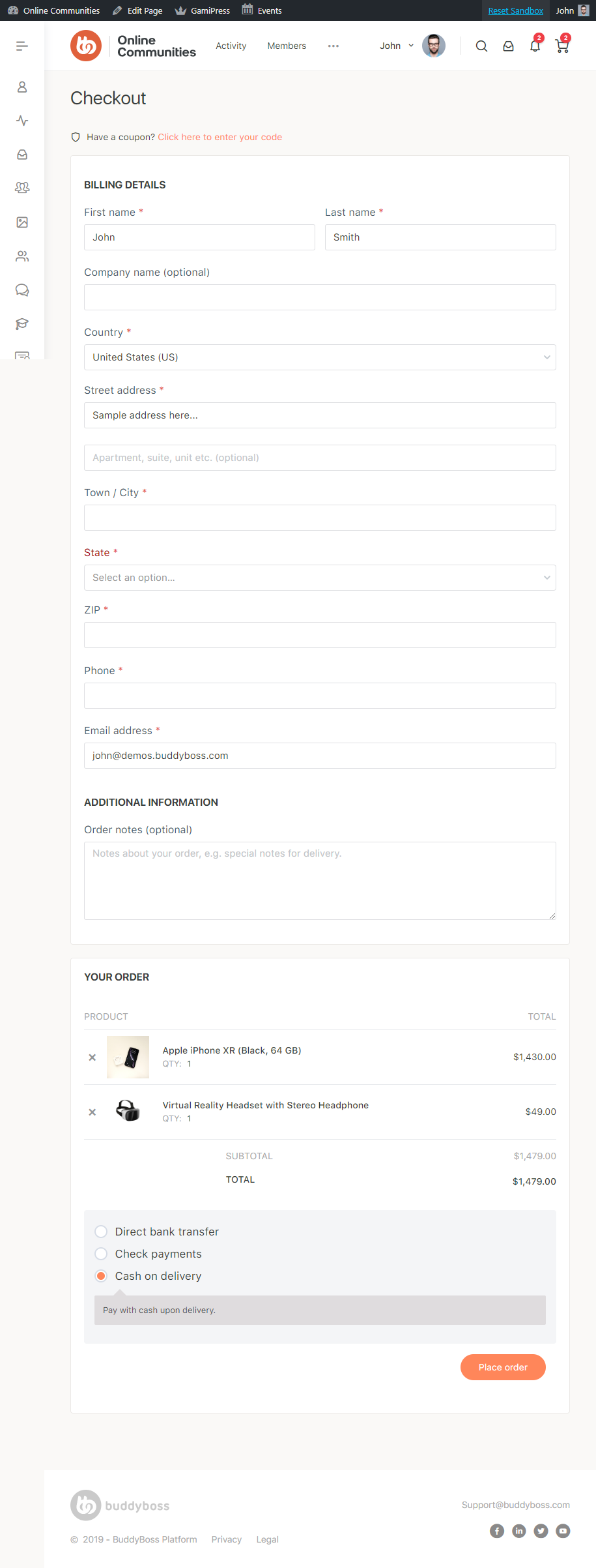 A checkout page form with fields for billing details, additional notes, and order summary. The order includes an iPhone XR and a Virtual Reality Headset. Payment options: bank transfer, check, or cash on delivery.