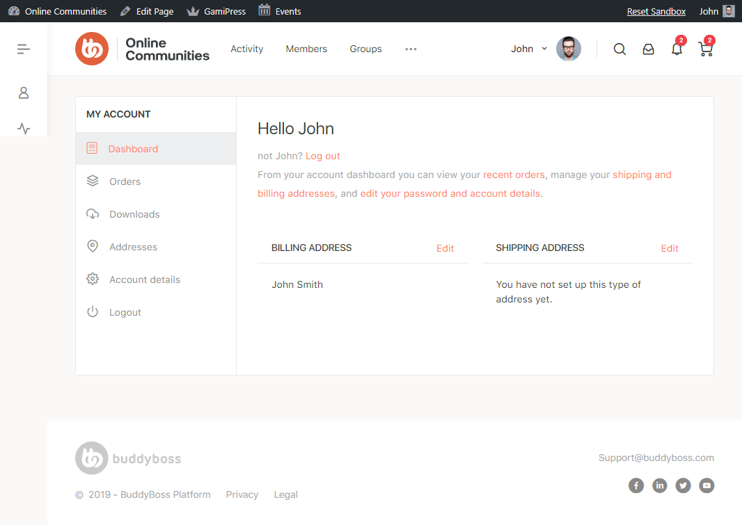 A user account dashboard for Online Communities displays a welcome message to John, with options to view recent orders, manage shipping and billing addresses, edit account details, and change the password.