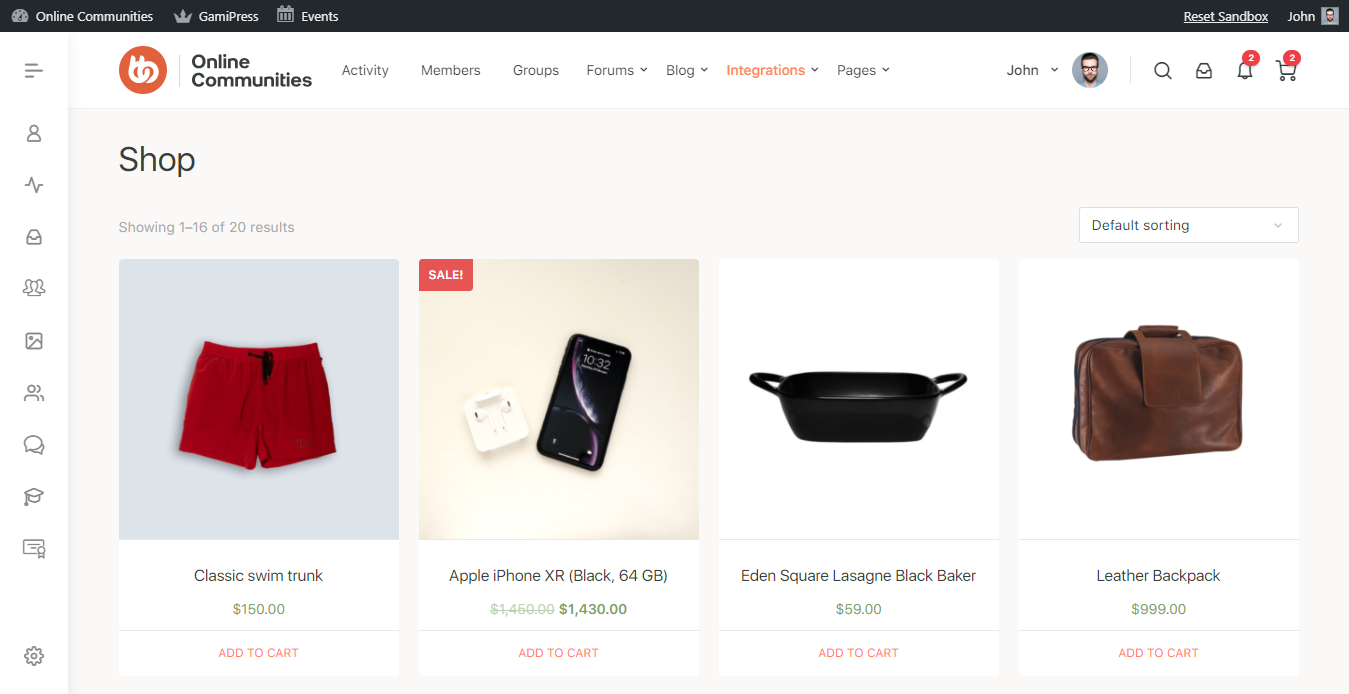 Screenshot of an online shop displaying products: red swim trunks, Apple iPhone XR with AirPods (on sale), a black lasagna baker, and a brown leather backpack, each with price and Add to cart buttons.
