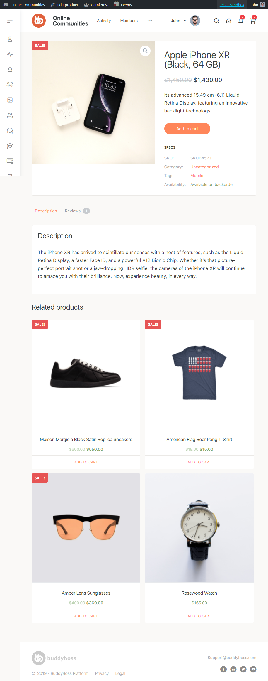 Screenshot of an online store page featuring an Apple iPhone XR for sale, with detailed description, price, and related product suggestions including shoes, a t-shirt, sunglasses, and a watch.