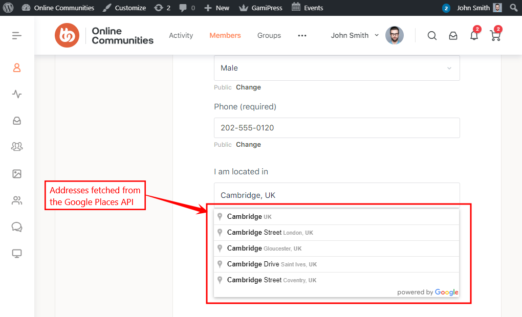 A dropdown menu displays UK address suggestions for Cambridge, fetched from the Google Places API, on a community website profile page. A red box highlights the suggestions.