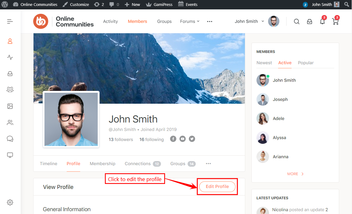 A profile page on a social network platform displays John Smith’s information. Red arrows and text highlight the “Edit Profile” button, indicating where to click to edit the profile. Profile image and members list are visible.