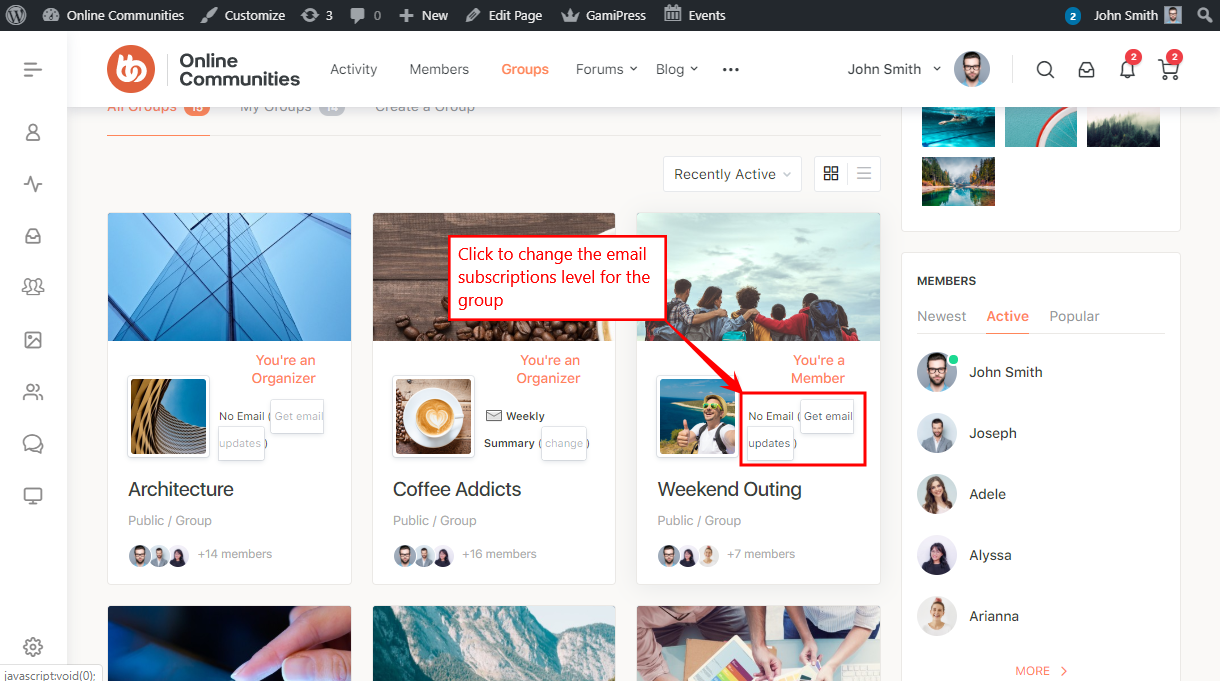 Screenshot of an online community groups page showing a red highlighted box with text: Click to change the email subscriptions level for the group, pointing to the Get email updates link under the Weekend Outing group.