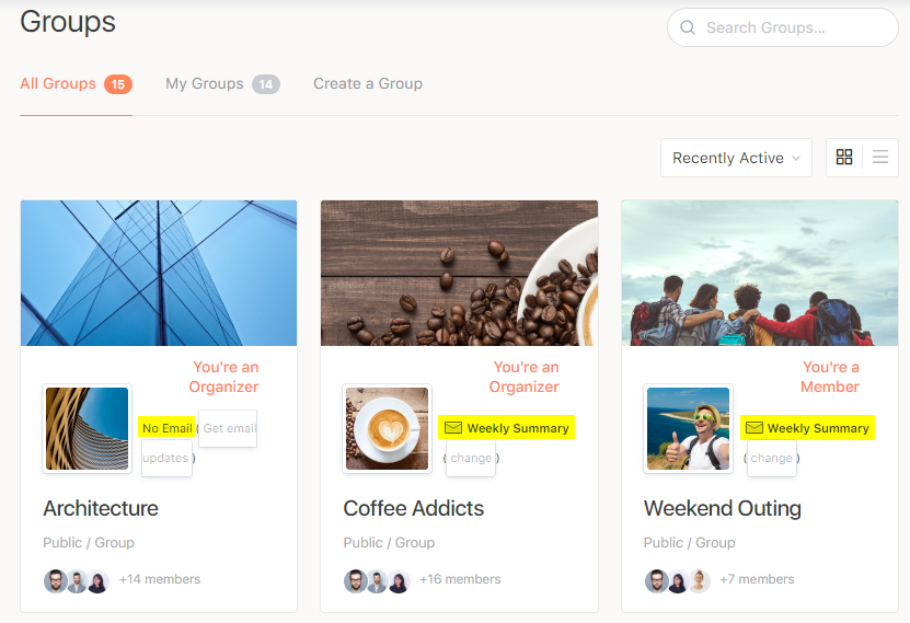 A webpage shows three group cards: Architecture, Coffee Addicts, and Weekend Outing. Each card displays a cover photo, group name, member count, and Youre an Organizer tag. The interface has tabs and a search bar at the top.