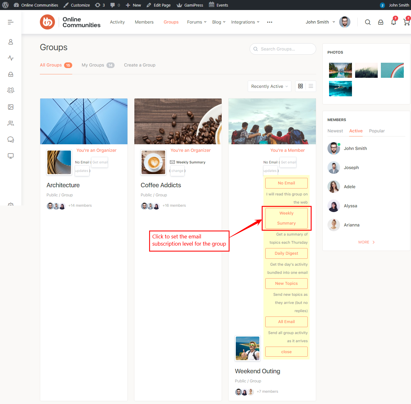 Screenshot of an online community groups page showing three group cards. A red box highlights email subscription settings for the “Weekend Outing” group, with options like “Weekly,” “Daily Updates,” and “No Email.”.