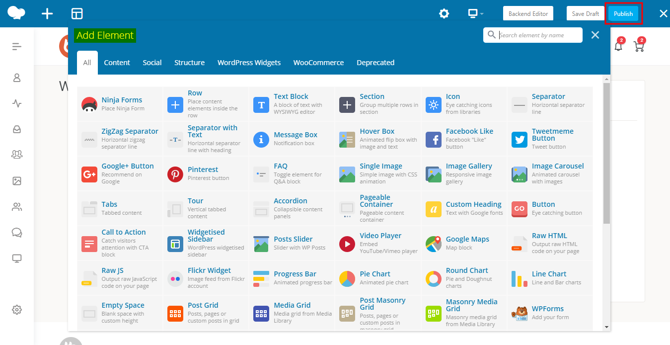 A screenshot of a WordPress page builder interface shows the Add Element menu with various content blocks like Text Block, Row, Image Gallery, Google Maps, and social media widgets. The Publish button is highlighted in red.