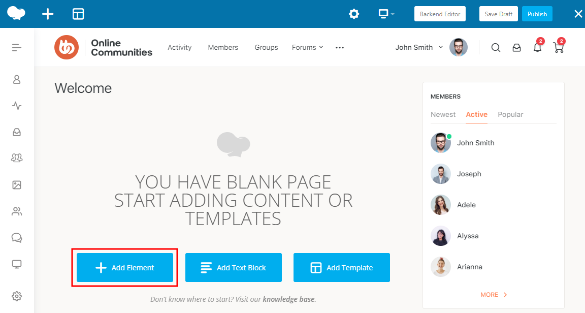 A webpage titled Online Communities with a blank welcome page. The screen shows options: Add Element, Add Text Block, and Add Template. The Add Element button is highlighted with a red outline. A members list is on the right.