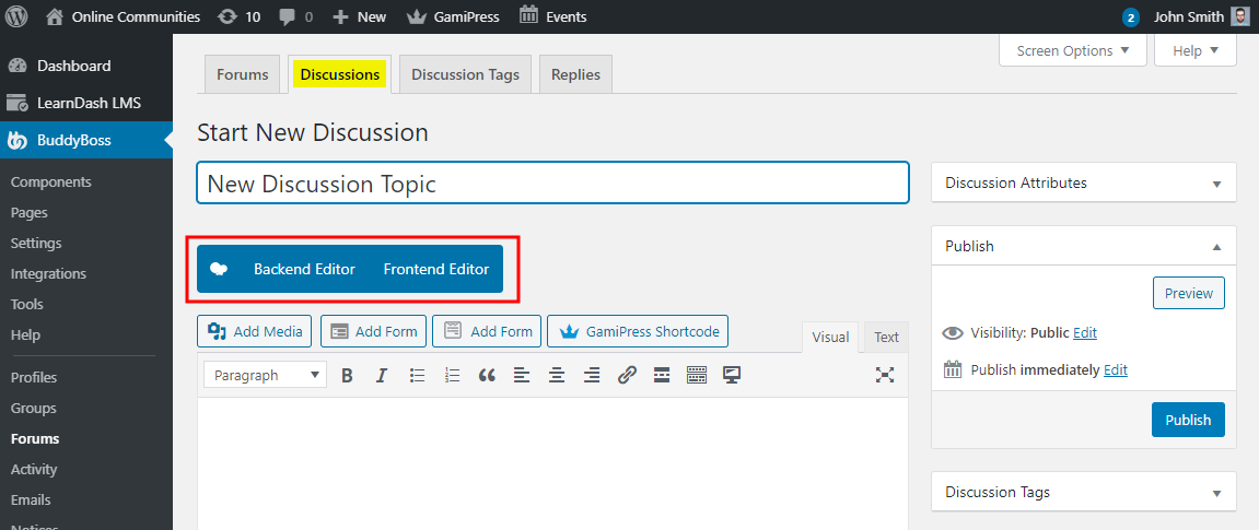 A WordPress dashboard shows the Start New Discussion page under Forums. Backend Editor and Frontend Editor buttons are highlighted. Options to add media, forms, and shortcodes are visible above the text editor.
