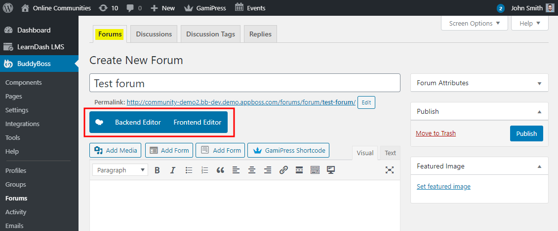 Screenshot of WordPress BuddyBoss platform showing the Create New Forum page with fields for forum title, permalink, editor options, and Publish settings. The user is logged in as John Smith.