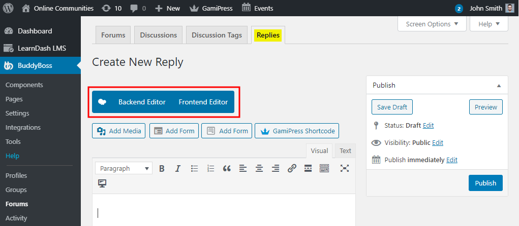 A WordPress admin dashboard shows the Create New Reply page with Backend Editor and Frontend Editor buttons highlighted and options to add media, forms, and shortcodes above the text editor.
