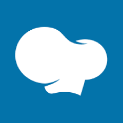 White abstract logo resembling a chef’s hat or brain on a solid blue background.