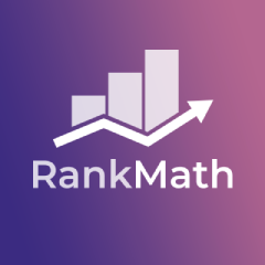 Logo with three ascending bar charts and an upward white arrow above the text RankMath, set against a purple-to-pink gradient background.