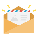 Illustration of an open yellow envelope with a letter inside. The letter has a red and blue border and a faint image icon, with lines indicating text. Yellow rays surround the envelope, suggesting a notification or new message.
