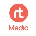 A red circle with the white lowercase letters rt inside, above the word Media in red text on a light gray background.