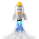 A small silver rocket with orange tip and blue flames launches upward, leaving a trail of smoke behind.