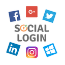 Icons for Facebook, Google, Twitter, LinkedIn, Instagram, and Microsoft surround the words “Social Login” on a white background.