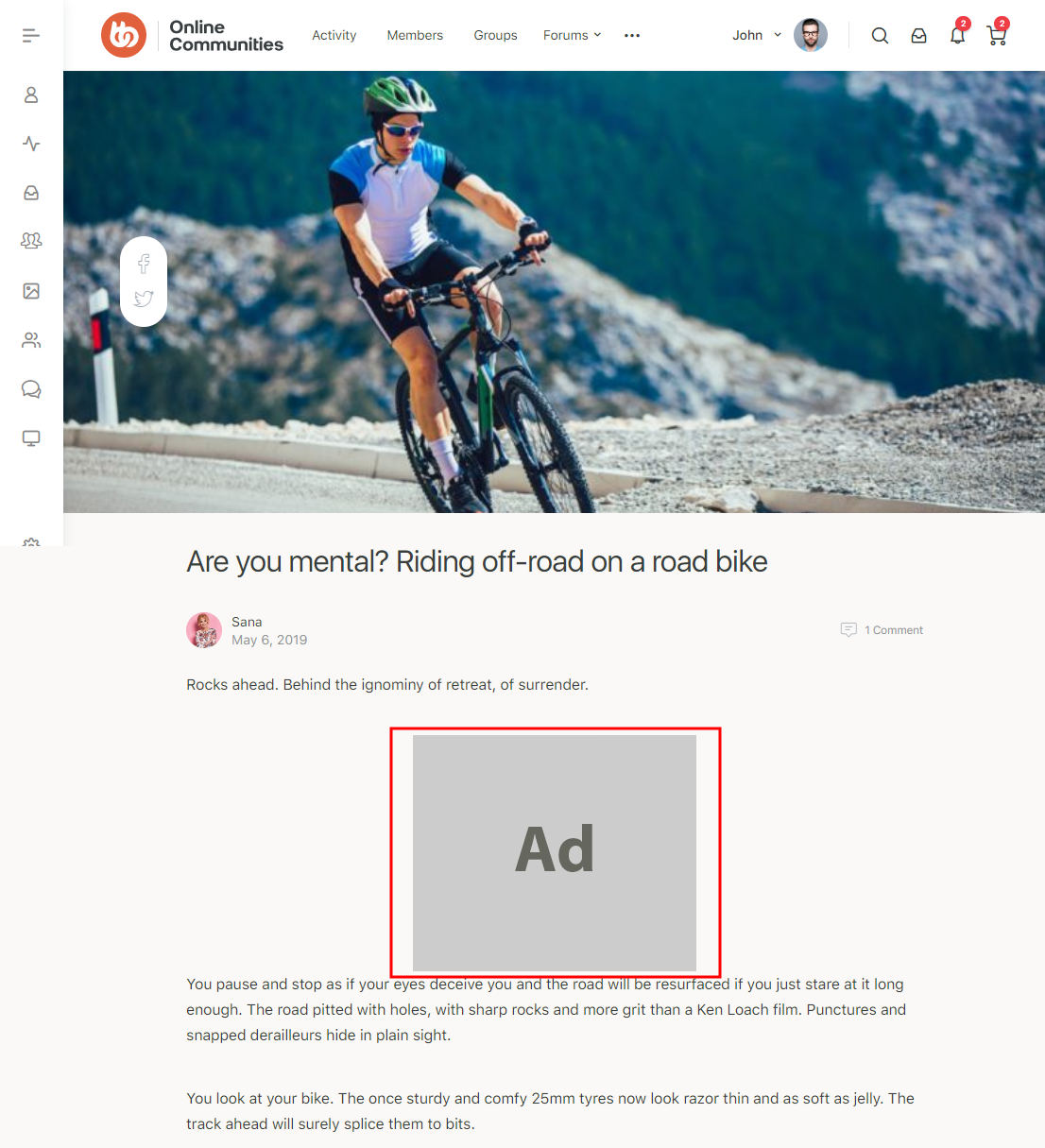A cyclist wearing sunglasses and a helmet rides a road bike on a gravel path with mountains in the background, featured in an online article about off-road biking. An advertisement placeholder appears below the image.