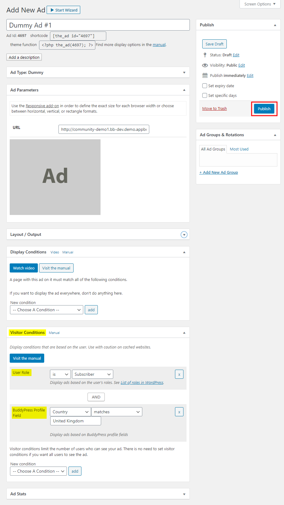 Screenshot of the Add New Ad page in a WordPress plugin. The user can set ad title, parameters, display and visitor conditions, and publish the ad. The Publish button is highlighted on the right.