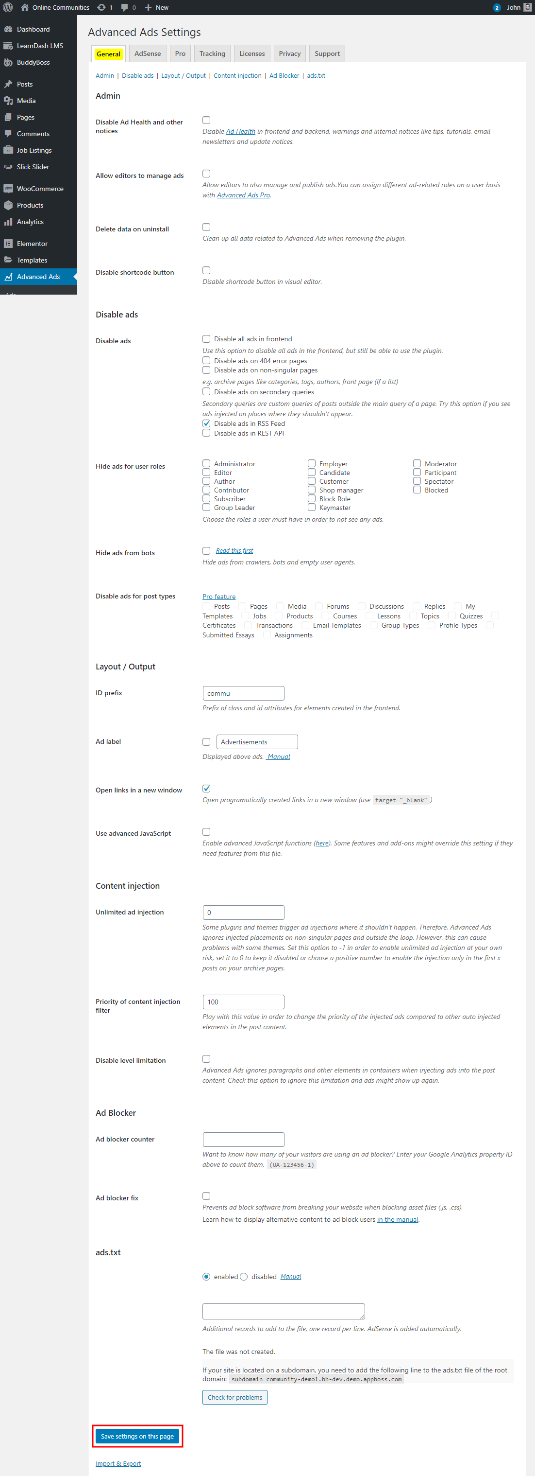 Screenshot of the “Advanced Ads Settings” page in a WordPress dashboard, showing multiple advertisement and output options, checkboxes, text fields, and a red-highlighted “Save Settings” button at the bottom.