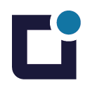 A dark blue square with a missing top right corner and a small curved gap on the top edge; a smaller solid blue circle is positioned above the gap, partially overlapping the square.