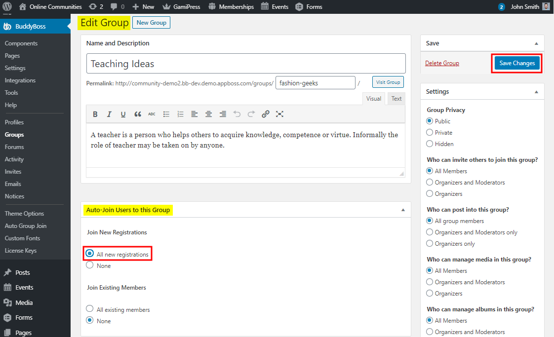 A BuddyBoss group editing page titled Teaching Ideas, showing settings for name, description, automatic user addition, group privacy, and member permissions. The “Save Changes” button is highlighted in blue.
